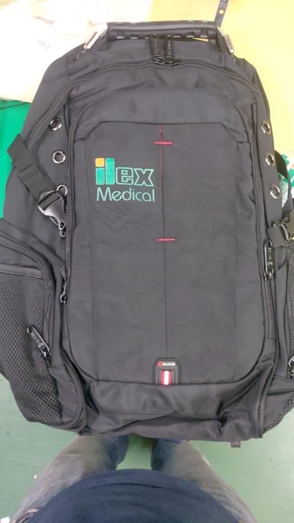 Backpack with the iLex Medical logo, from a past business order