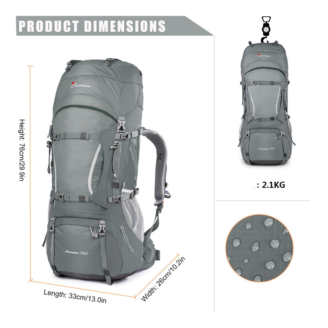 The Mountaineer 70L Hiking Camping Backpack Waterproof Backpack Gray The Mountaineer 70L Hiking Camping Backpack Waterproof Backpack Gray