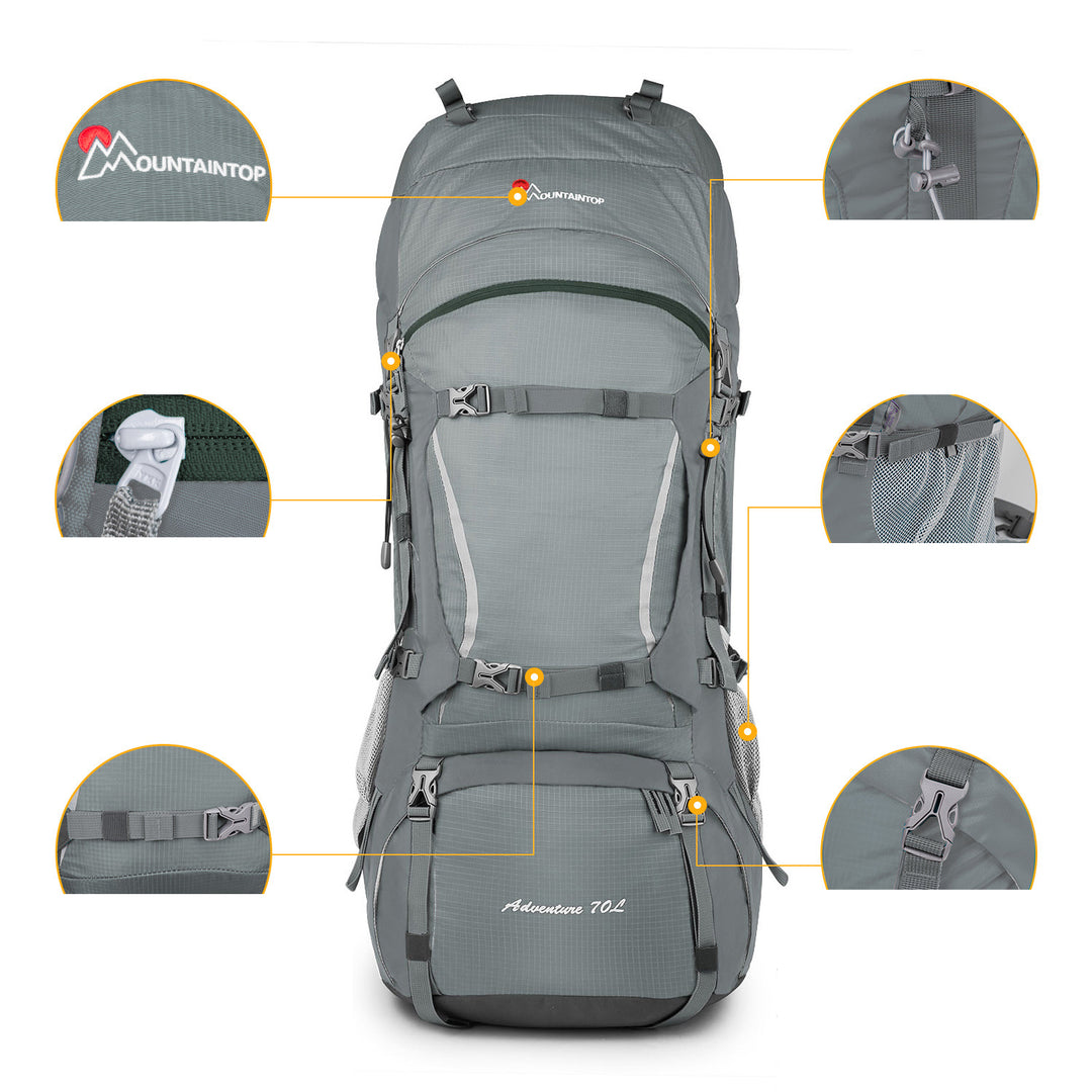 The Mountaineer 70L Hiking Camping Backpack Waterproof Backpack Gray The Mountaineer 70L Hiking Camping Backpack Waterproof Backpack Gray