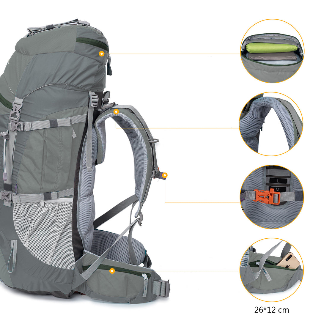 adventuridge 70l hiking backpack The Mountaineer 70L Hiking Camping Backpack Waterproof Backpack Gray